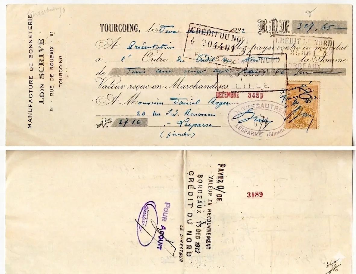 A commercial bill of exchange from a textile manufacturer in Tourcoing, 1922
