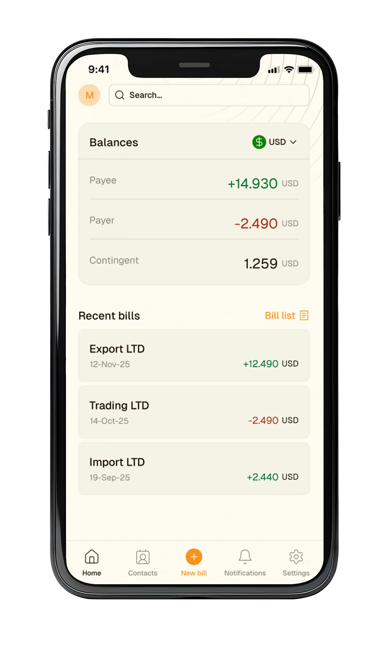 Bitcredit eBill app showing balances for payee, payer and contingent amounts, plus a list of recent bills