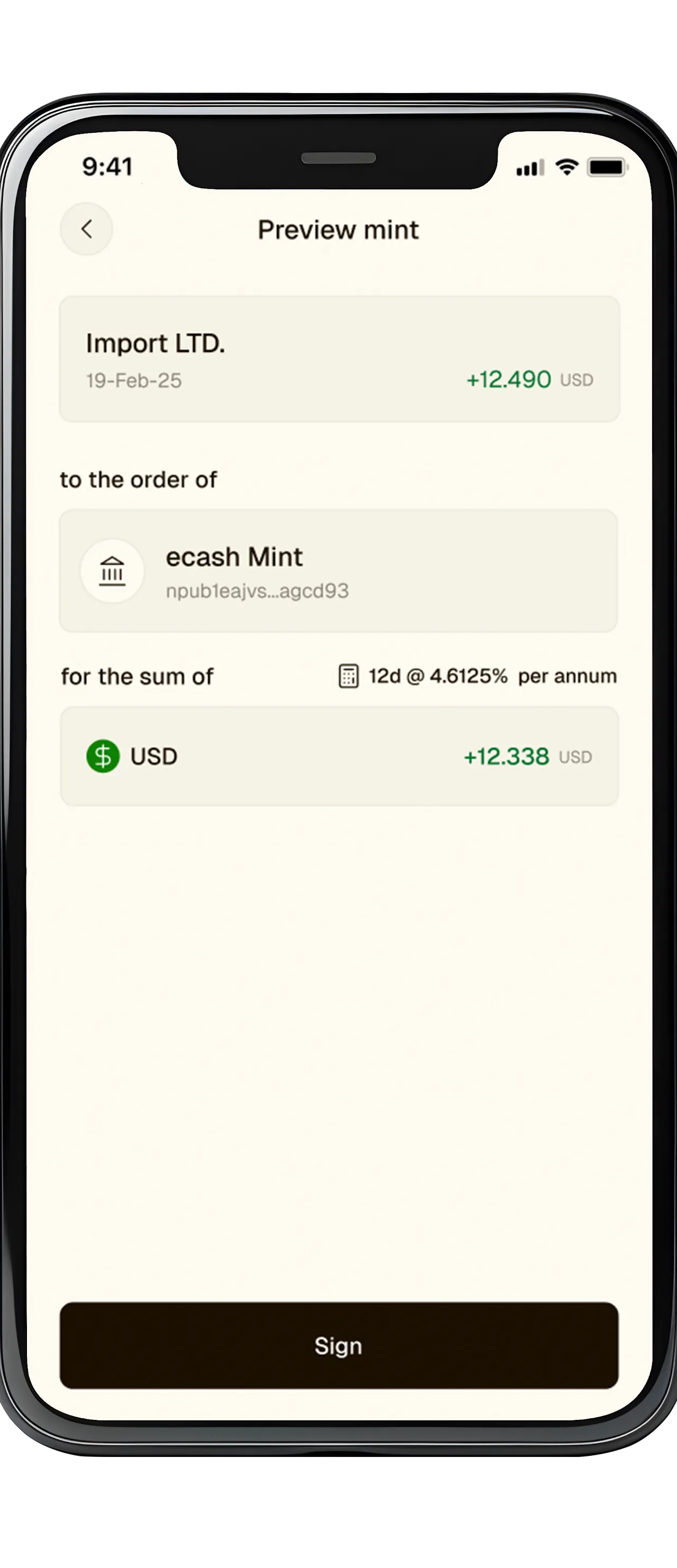 Bitcredit eCash app previewing a mint offer from Import LTD