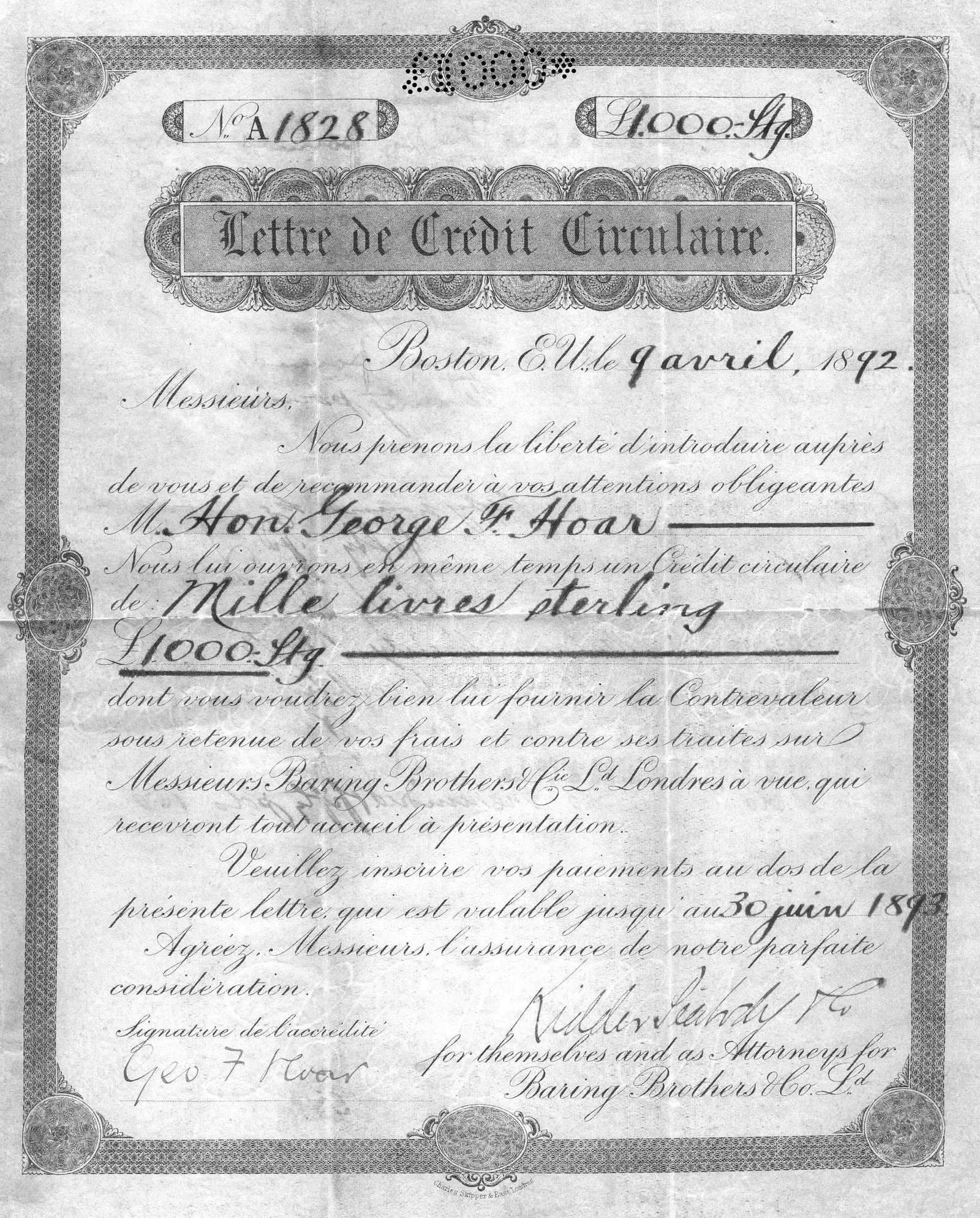 A Barings circular letter of credit from 1892